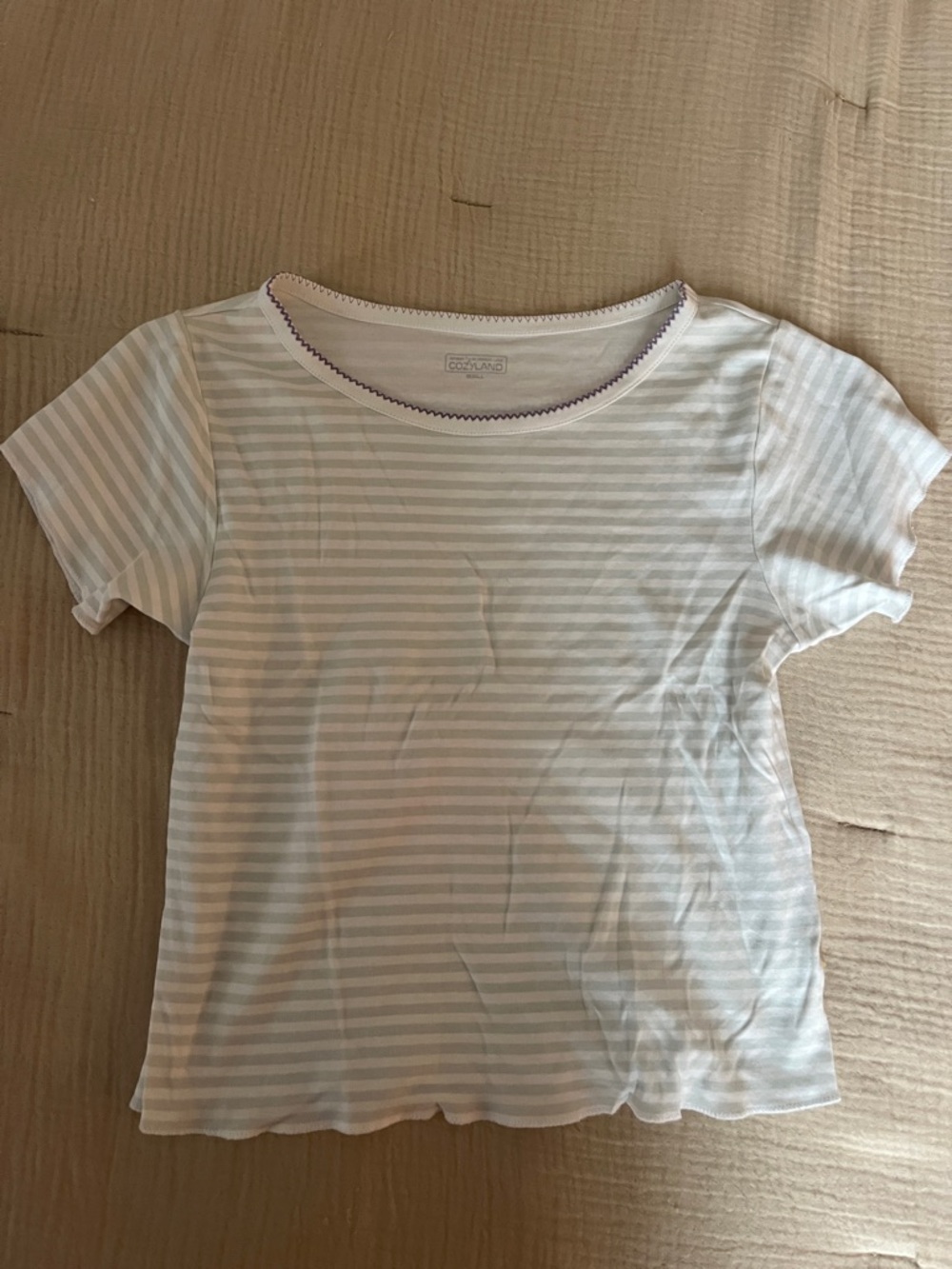 Cozyland Striped Short-Sleeve Pajama Tee with Purple Trim Size Small